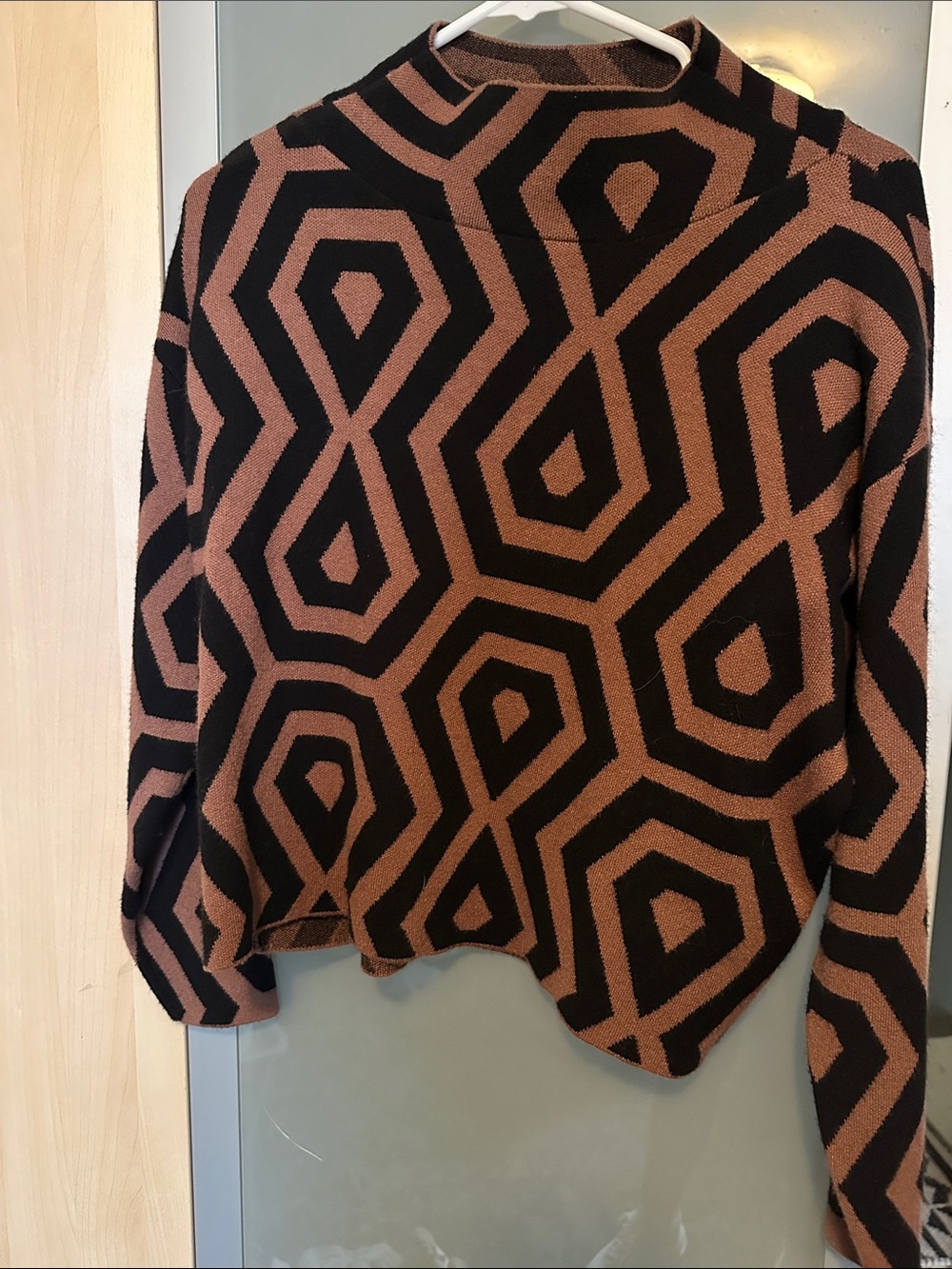 Maeve Mock Neck Geometric Knit Sweater - Black & Brown